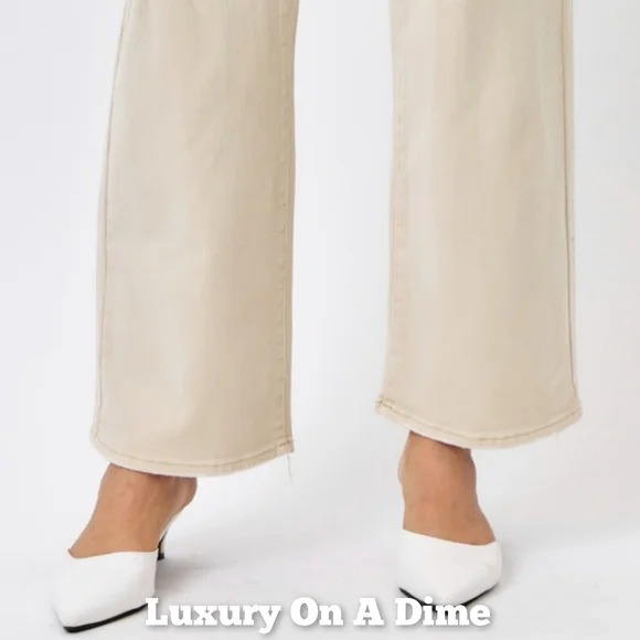 High Rise Mom Jeans Distressed Torn Knee Wide Leg Cream Denim Pants Judy Blue - Picture 8 of 14